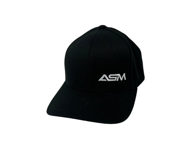Picture of Flex Fit, Black with small white ASM lettering, off-center.  Solid back.
