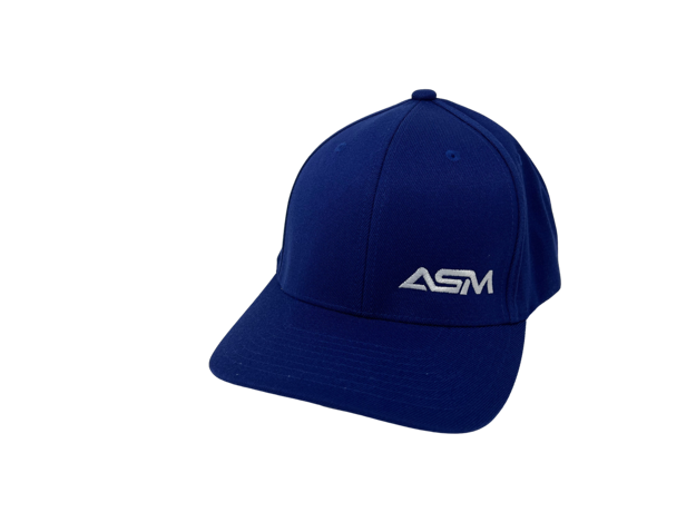 Picture of Flex Fit, Blue with small white ASM lettering, off-center.  Solid back.