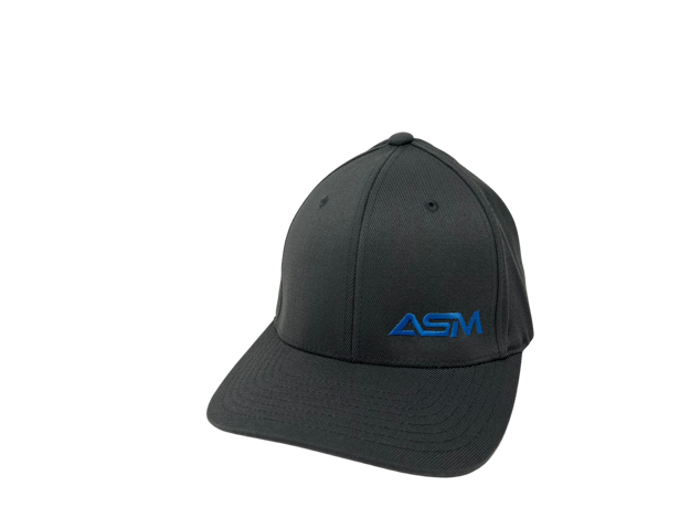 Picture of Flex Fit, Gray with small blue ASM lettering, off-center.  Solid back.