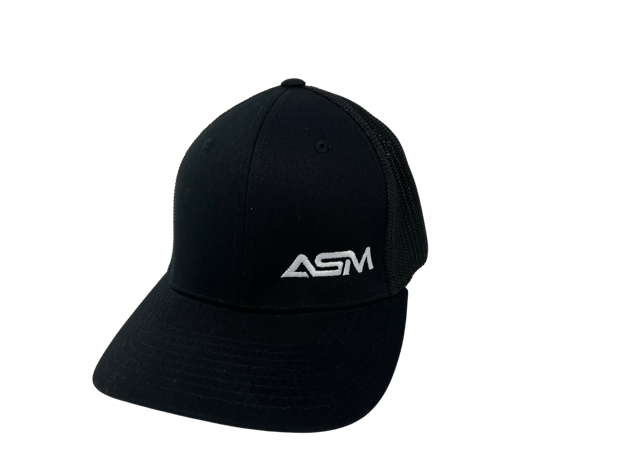 Picture of Flex Fit, Black with small white ASM lettering, off-center.  Mesh back.