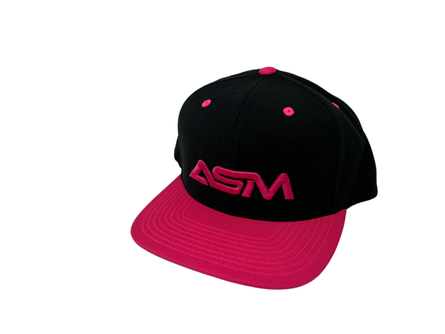 Picture of Snapback.  Black with large pink ASM lettering, centered.  Solid back.