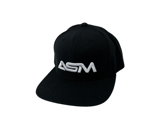 Picture of Snapback.  Black with large white ASM lettering, centered.  Solid back.