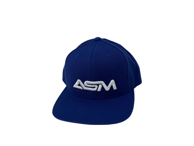 Picture of Snapback.  Blue with large white ASM lettering, centered.  Solid back.