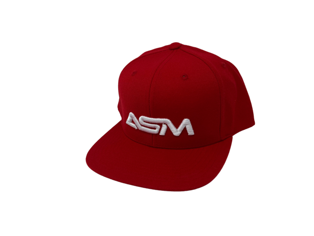 Picture of Snapback.  Red with large white ASM lettering, centered.  Solid back.