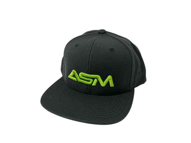 Picture of Snapback.  Gray with large green ASM lettering, centered.  Solid back.