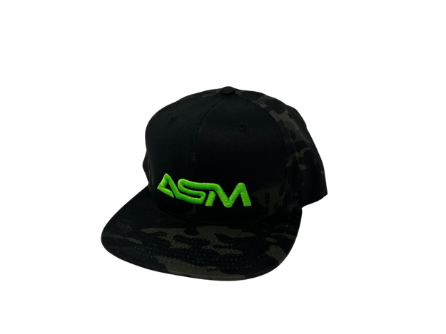 Picture of Snapback.  Black camo with large green ASM lettering, centered.  Solid back.