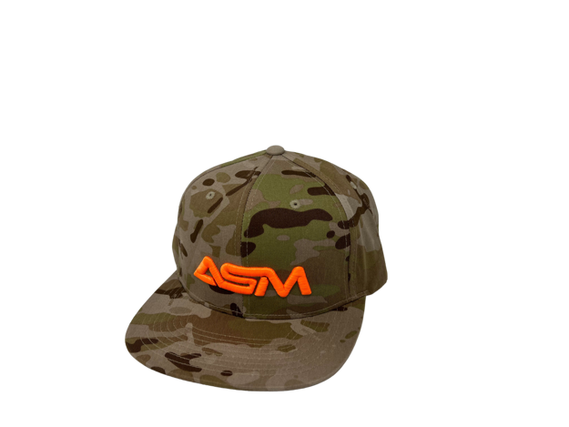 Picture of Snapback.  Light camo with large orange ASM lettering, centered.  Solid back.
