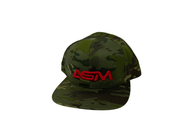 Picture of Snapback.  Dark camo with large red ASM lettering, centered.  Solid back.